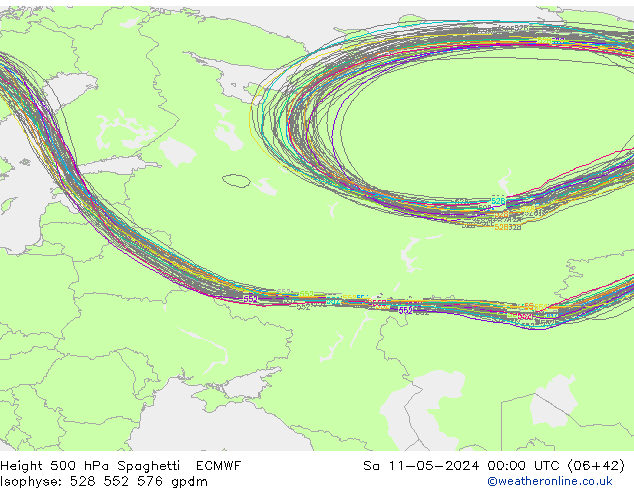 Height 500 hPa Spaghetti ECMWF Sáb 11.05.2024 00 UTC