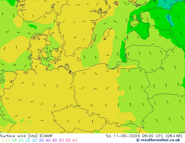 Wind 10 m ECMWF za 11.05.2024 06 UTC
