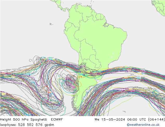 Height 500 hPa Spaghetti ECMWF śro. 15.05.2024 06 UTC