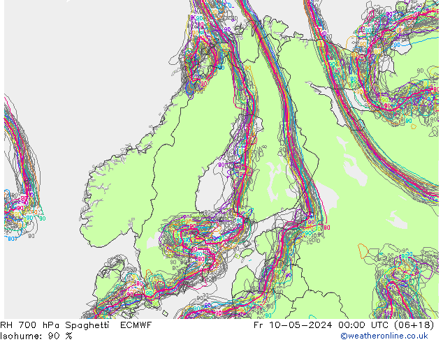 RH 700 hPa Spaghetti ECMWF Pá 10.05.2024 00 UTC