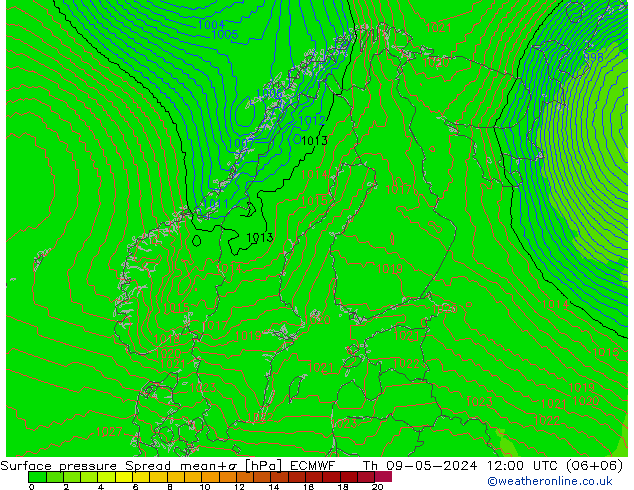 Surface pressure Spread ECMWF Th 09.05.2024 12 UTC