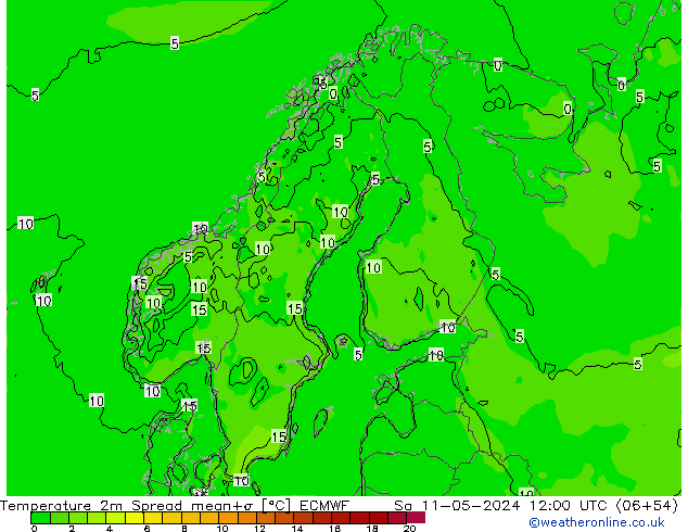Temperatura 2m Spread ECMWF sab 11.05.2024 12 UTC