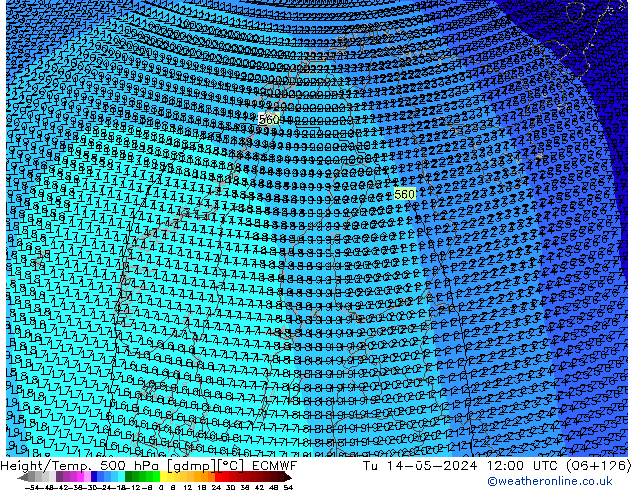 Hoogte/Temp. 500 hPa ECMWF di 14.05.2024 12 UTC