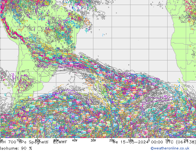 Humidité rel. 700 hPa Spaghetti ECMWF mer 15.05.2024 00 UTC