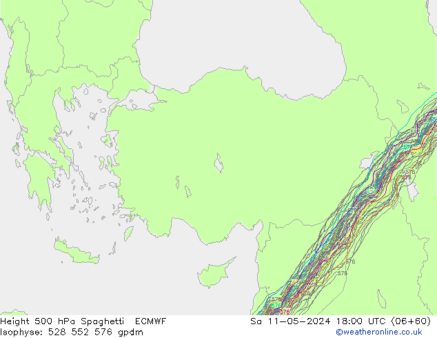 Height 500 hPa Spaghetti ECMWF sab 11.05.2024 18 UTC