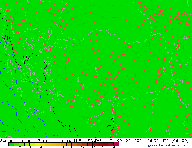 Atmosférický tlak Spread ECMWF Čt 09.05.2024 06 UTC