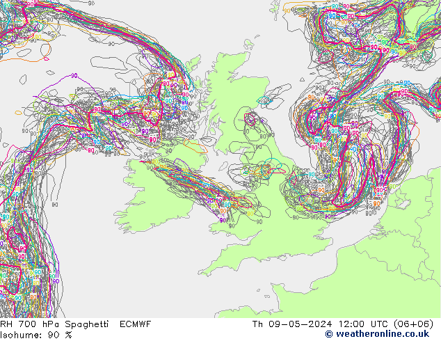 Humidité rel. 700 hPa Spaghetti ECMWF jeu 09.05.2024 12 UTC