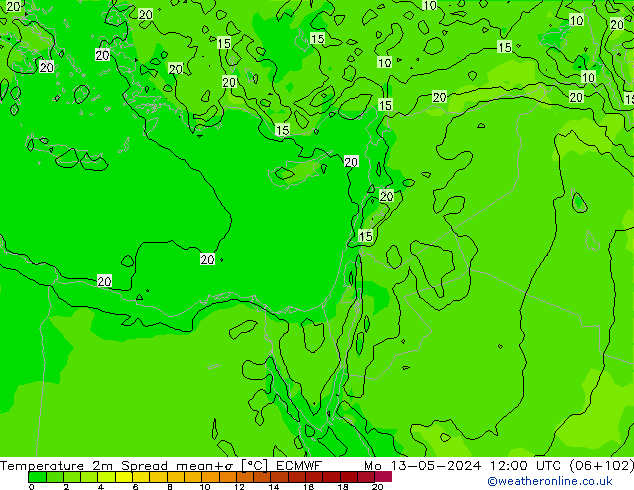 température 2m Spread ECMWF lun 13.05.2024 12 UTC