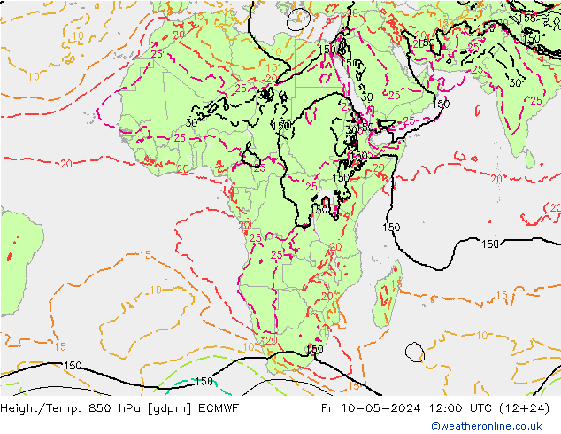 Hoogte/Temp. 850 hPa ECMWF vr 10.05.2024 12 UTC