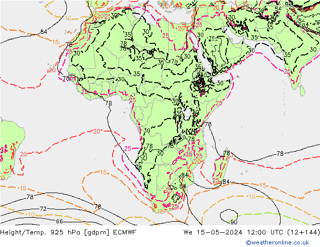 Height/Temp. 925 hPa ECMWF We 15.05.2024 12 UTC