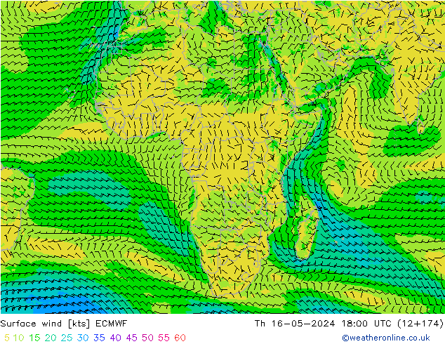 Viento 10 m ECMWF jue 16.05.2024 18 UTC