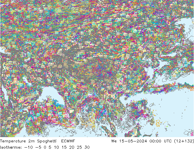 Temperatura 2m Spaghetti ECMWF Qua 15.05.2024 00 UTC