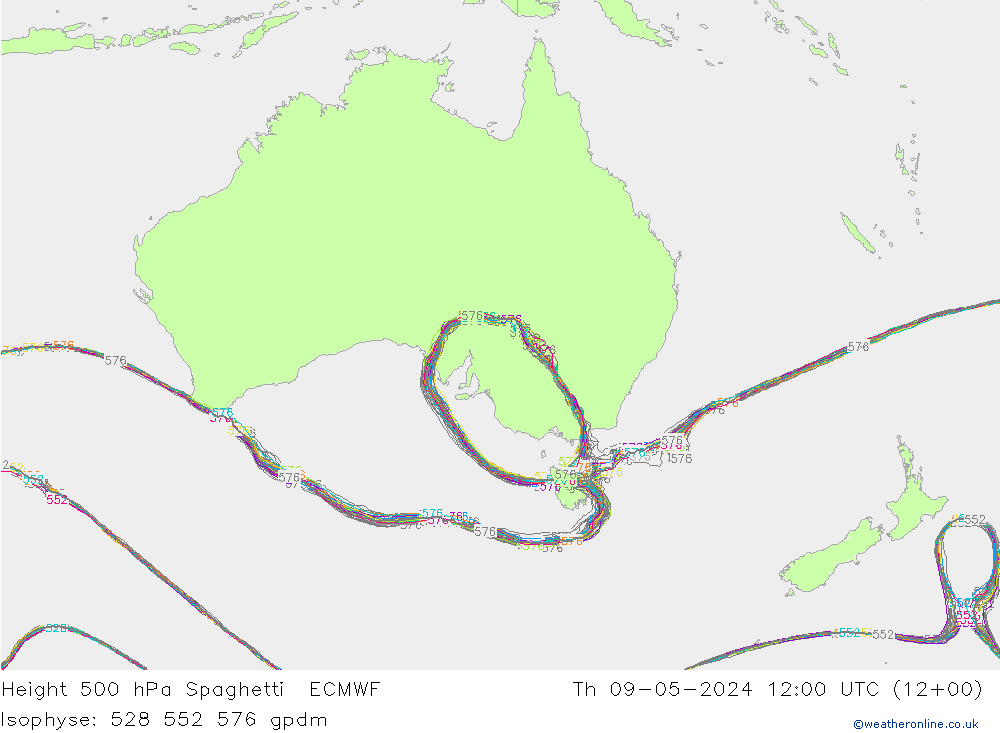 Height 500 hPa Spaghetti ECMWF Th 09.05.2024 12 UTC