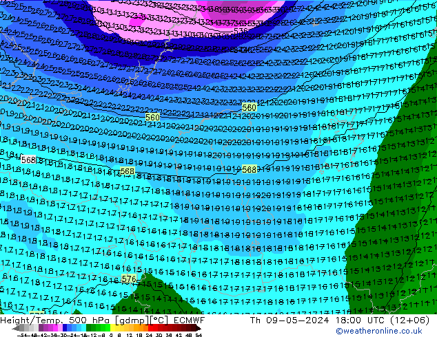 Height/Temp. 500 hPa ECMWF Qui 09.05.2024 18 UTC