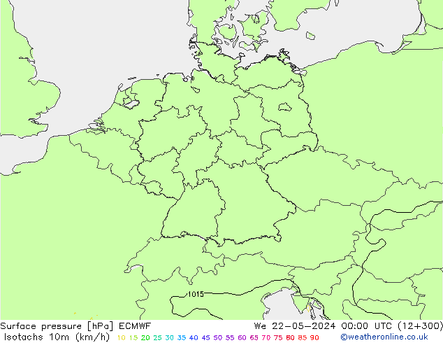 Izotacha (km/godz) ECMWF śro. 22.05.2024 00 UTC