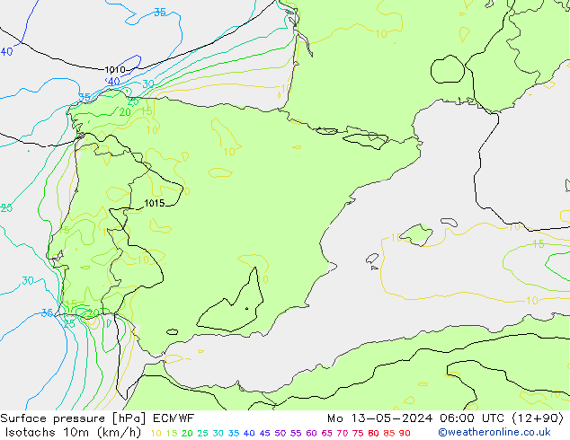 Isotachen (km/h) ECMWF ma 13.05.2024 06 UTC