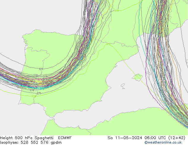 Height 500 hPa Spaghetti ECMWF So 11.05.2024 06 UTC