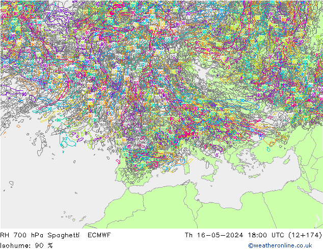 RH 700 hPa Spaghetti ECMWF czw. 16.05.2024 18 UTC