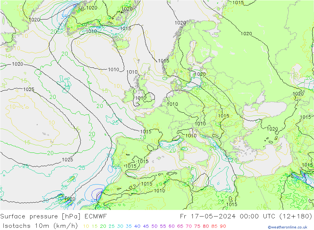 Eşrüzgar Hızları (km/sa) ECMWF Cu 17.05.2024 00 UTC