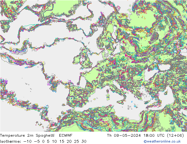 Temperature 2m Spaghetti ECMWF Th 09.05.2024 18 UTC
