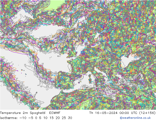 Temperatura 2m Spaghetti ECMWF jue 16.05.2024 00 UTC