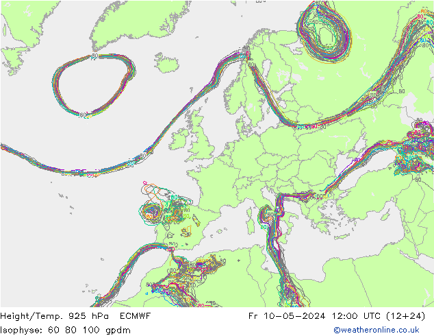 Height/Temp. 925 hPa ECMWF Fr 10.05.2024 12 UTC