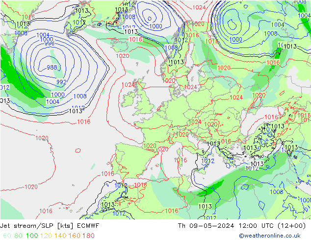 джет/приземное давление ECMWF чт 09.05.2024 12 UTC