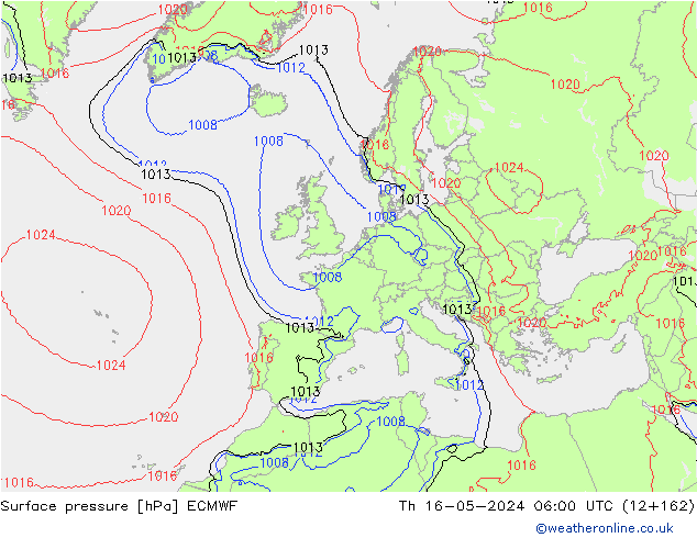 Pressione al suolo ECMWF gio 16.05.2024 06 UTC