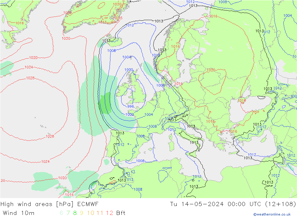 High wind areas ECMWF Tu 14.05.2024 00 UTC