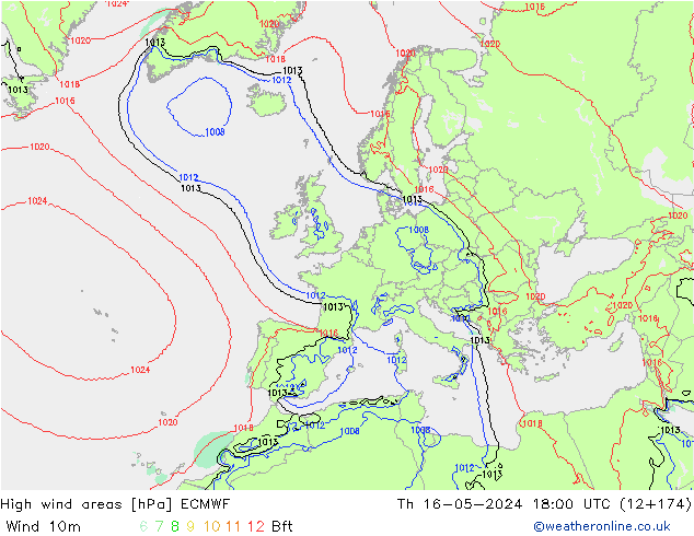 High wind areas ECMWF Th 16.05.2024 18 UTC