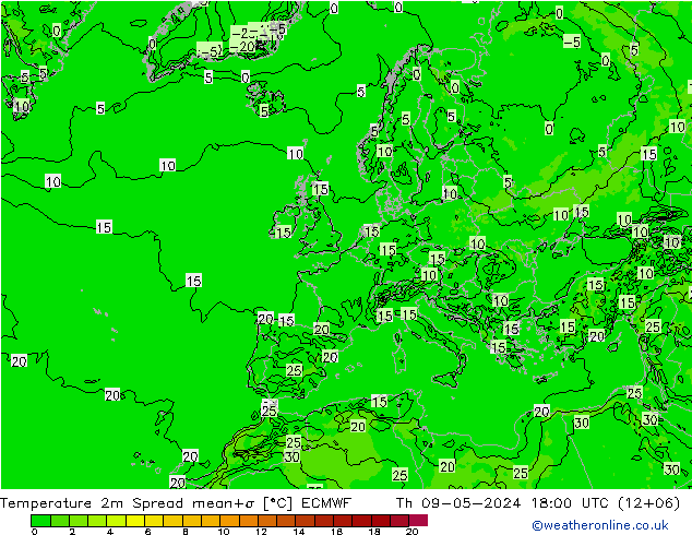 mapa temperatury 2m Spread ECMWF czw. 09.05.2024 18 UTC