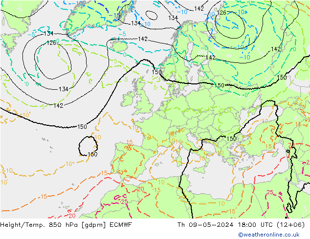 Geop./Temp. 850 hPa ECMWF jue 09.05.2024 18 UTC