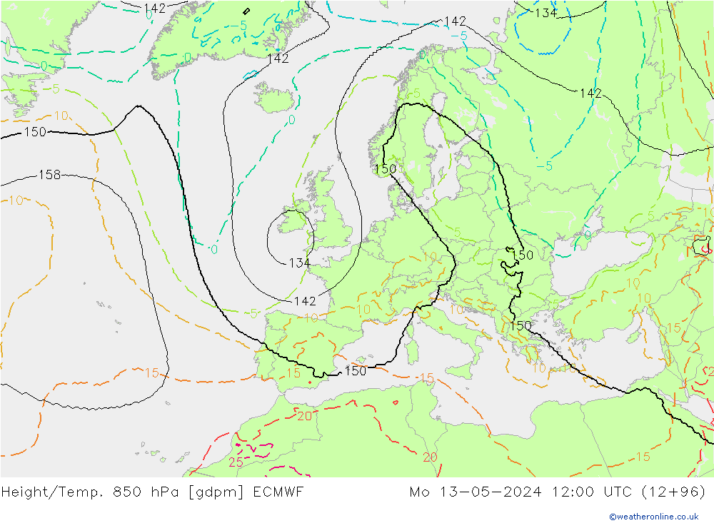 Yükseklik/Sıc. 850 hPa ECMWF Pzt 13.05.2024 12 UTC