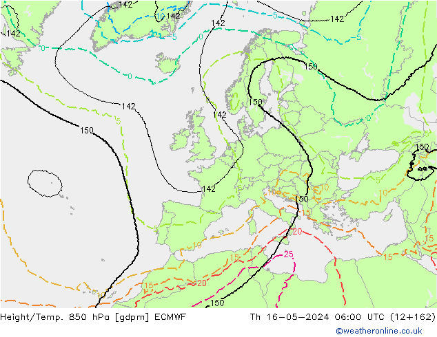 Geop./Temp. 850 hPa ECMWF jue 16.05.2024 06 UTC