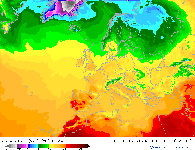 mapa temperatury (2m) ECMWF czw. 09.05.2024 18 UTC