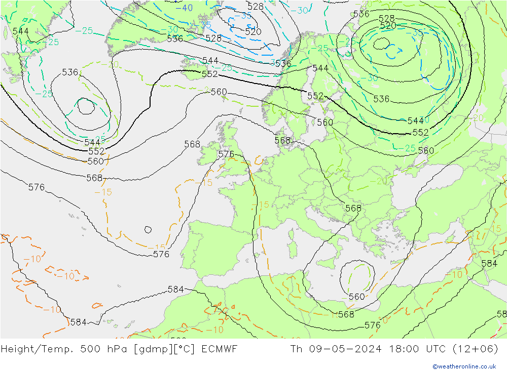 Height/Temp. 500 hPa ECMWF Čt 09.05.2024 18 UTC