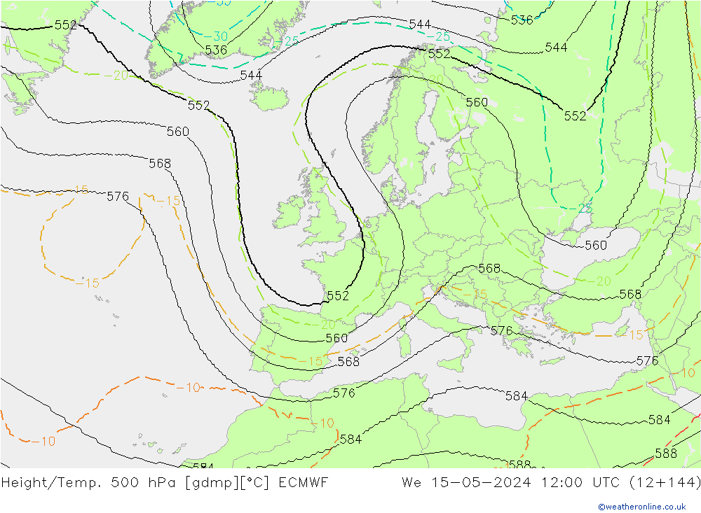 Height/Temp. 500 hPa ECMWF śro. 15.05.2024 12 UTC