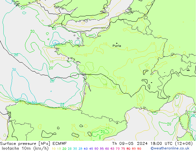 Isotachs (kph) ECMWF gio 09.05.2024 18 UTC