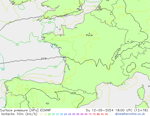 Isotachs (kph) ECMWF dom 12.05.2024 18 UTC