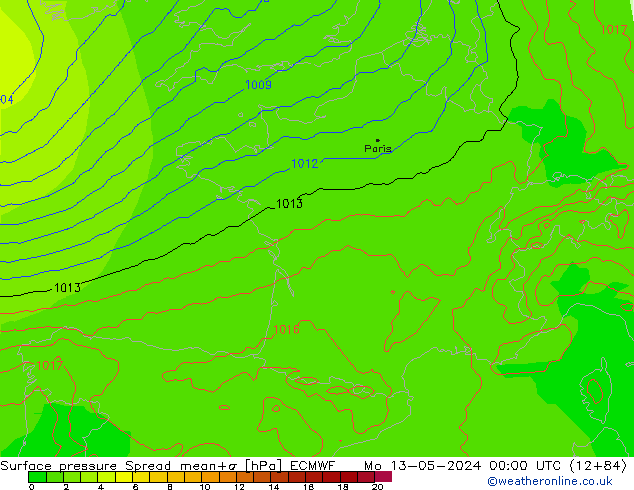 Presión superficial Spread ECMWF lun 13.05.2024 00 UTC