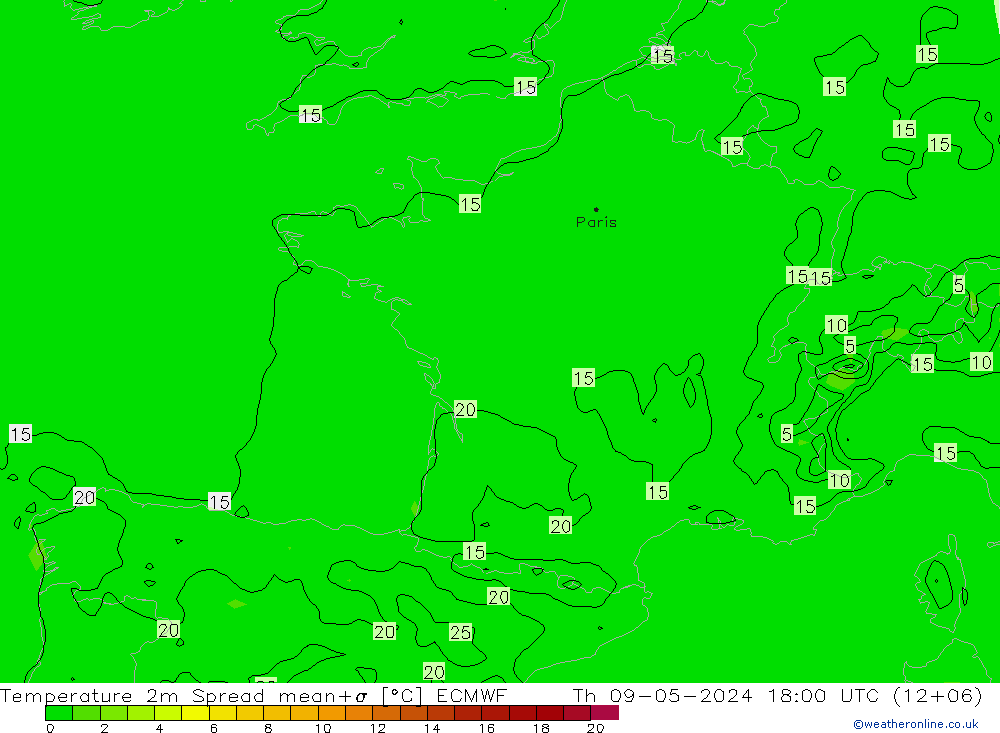 Temperaturkarte Spread ECMWF Do 09.05.2024 18 UTC
