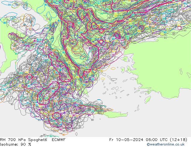 RH 700 hPa Spaghetti ECMWF Fr 10.05.2024 06 UTC