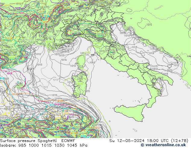 Luchtdruk op zeeniveau Spaghetti ECMWF zo 12.05.2024 18 UTC