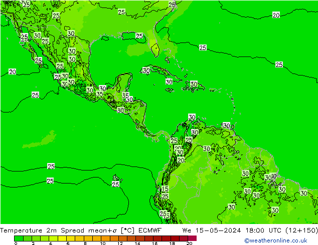 Temperatuurkaart Spread ECMWF wo 15.05.2024 18 UTC