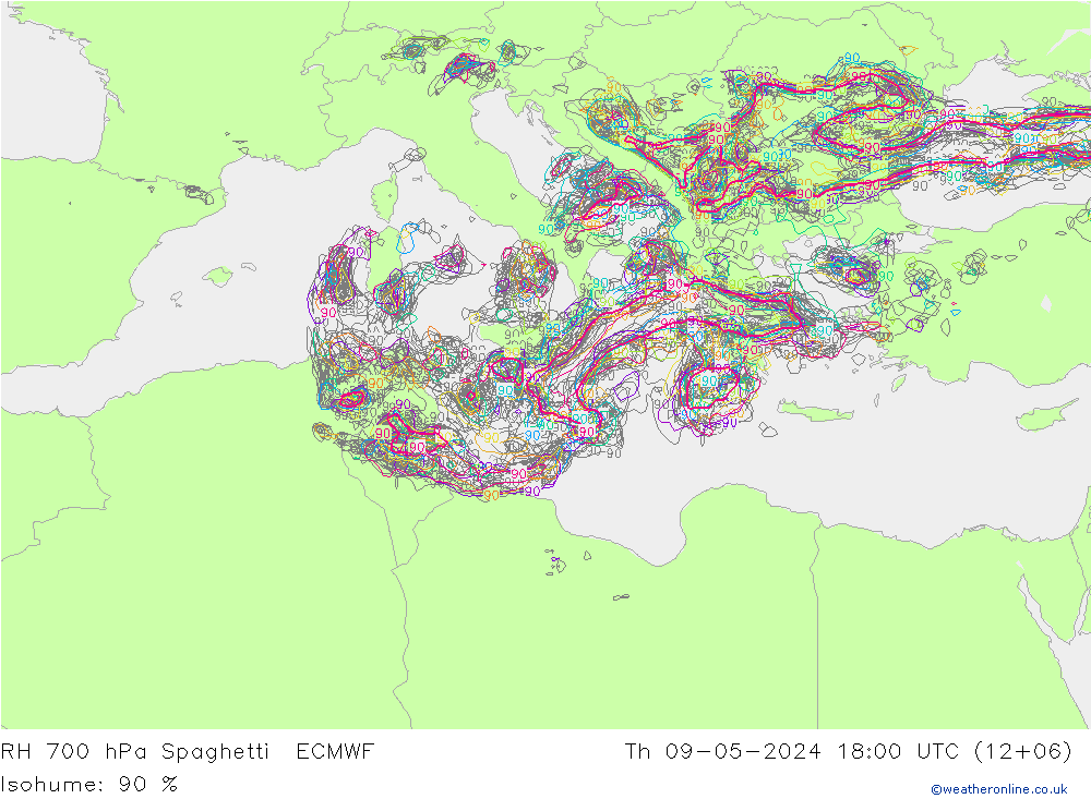 RH 700 hPa Spaghetti ECMWF Qui 09.05.2024 18 UTC