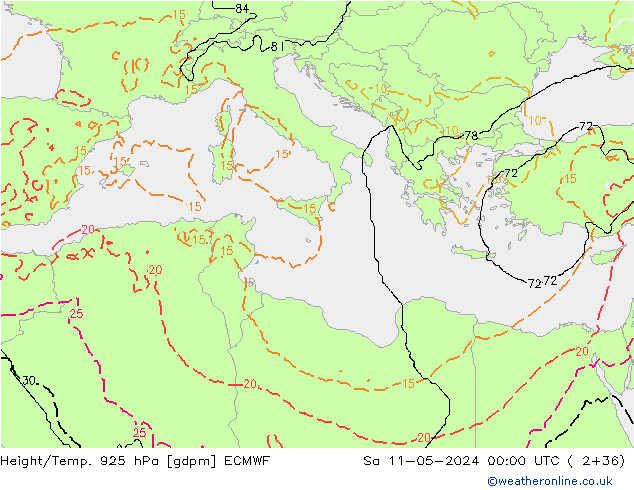 Height/Temp. 925 hPa ECMWF sab 11.05.2024 00 UTC