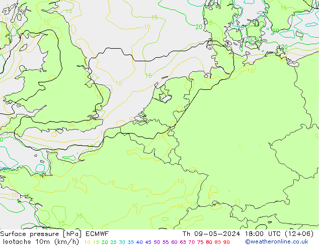 Isotachen (km/h) ECMWF do 09.05.2024 18 UTC