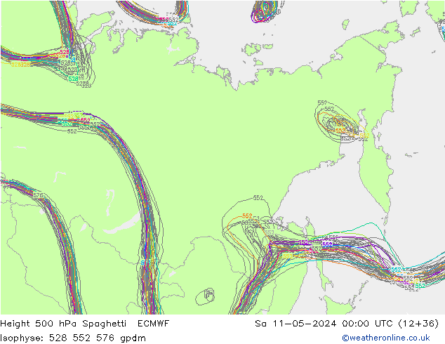 Height 500 hPa Spaghetti ECMWF Sa 11.05.2024 00 UTC
