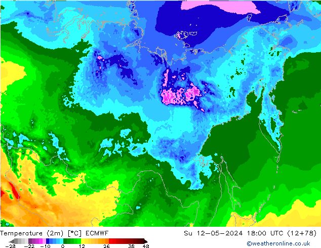 mapa temperatury (2m) ECMWF nie. 12.05.2024 18 UTC