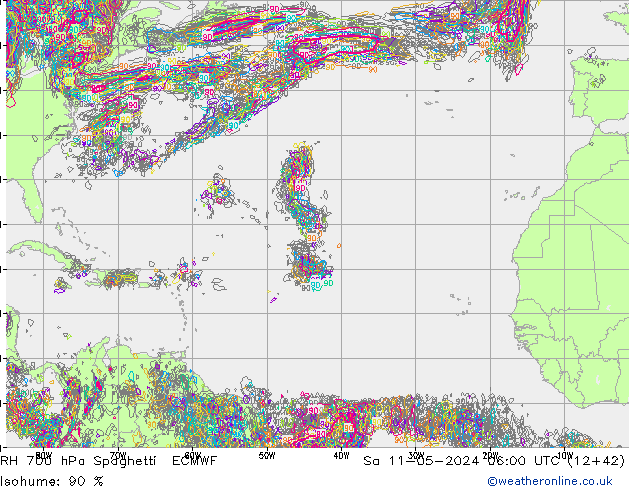 RH 700 hPa Spaghetti ECMWF Sáb 11.05.2024 06 UTC